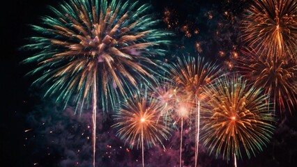 Fototapeta premium Fireworks celebrates anniversary with new year 2025, 4th of July holiday festival. fireworks night celebrates national holiday. fireworks, Countdown to New Year's Eve 2025 festival.