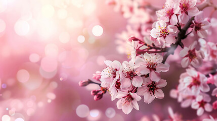 Soft focus image of delicate pink cherry blossoms against a blurred background of light pink.