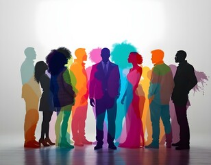 Naklejka premium Diverse Group of People in Vibrant Color Outlines: Symbolizing Harmony in Diversity on a Neutral Gradient Background