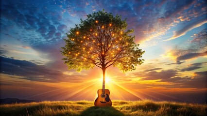 Magical guitar tree glowing at sunset