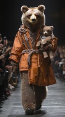 Obraz premium Bear walks runway with cub.