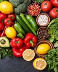 A variety of fresh vegetables, herbs, and spices arranged on a dark background.