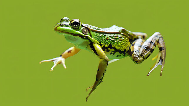 A green frog sits on a lily pad in a pond. The frog is looking at the camera. Its skin is smooth and moist. The frog's eyes are black and shiny.