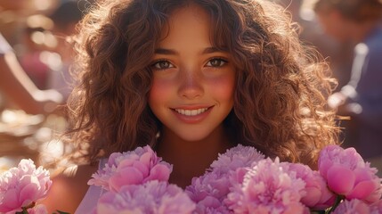 Naklejka premium Cheerful girl with flowers.