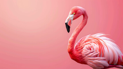 Fototapeta premium A beautiful flamingo with pink feathers and a yellow beak stands in a pink background. The flamingo is looking to the left of the frame.