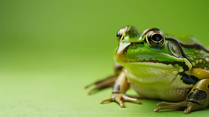 Obraz premium A green frog sits on a green leaf. The frog is looking at the camera. The frog is in focus and the background is blurred.