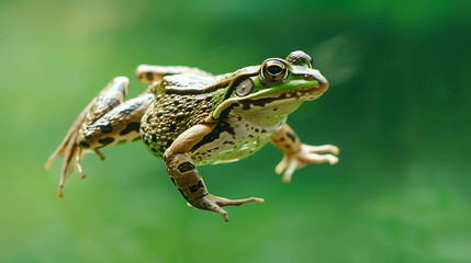 Fototapeta premium A green frog is suspended in mid-air against a blurred background. The frog has a long, sticky tongue and webbed feet.