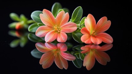 Vibrant Flowers in Reflection on Dark Surface