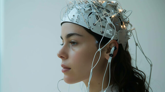 Thoughtful young woman wearing a futuristic mind-reading headset with glowing lights and electrodes.
