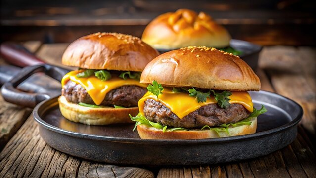 manufacturing and cooking process of homemade meat burgers on an iron plate with chedar cheese and pan bread