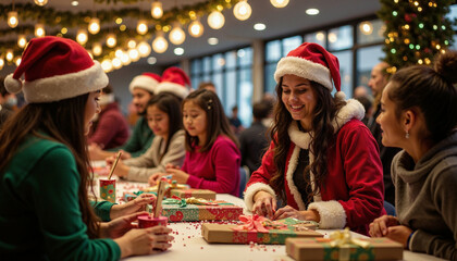 Volunteers host a lively community holiday event, featuring games, music, and gifts for families. This celebration brings neighbors and friends together, creating a joyful and festive atmosphere