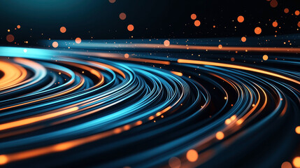 Fototapeta premium Abstract digital background featuring dynamic blue and orange swirling lines with glowing particles on a dark backdrop, creating a sense of movement and energy.