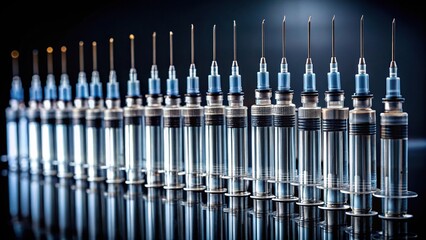 Medical syringes with needles on dark background