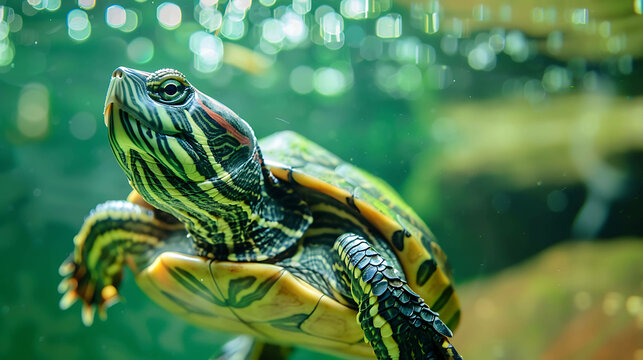 A close-up of a green turtle swimming in a pond. The turtle is facing the camera and has a serene expression on its face.
