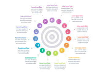 infographic template for annual report, magazine. infographic template for business, education, industry, science world. fifteen steps information template. colorful circles infographic template