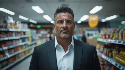 Fototapeta premium Confident Middle-Aged Man in Suit Standing in Grocery Store Aisle with Focused Expression