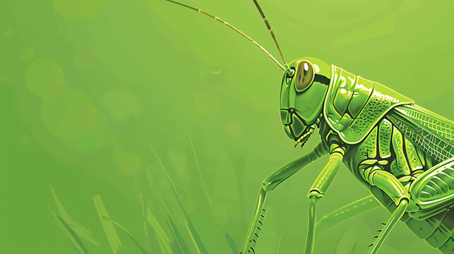 A green grasshopper sits on a green leaf, its antennae are long and thin, its eyes are black and shiny, its wings are folded neatly on its back, and i