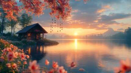 Flower hut by the lake at sunset.