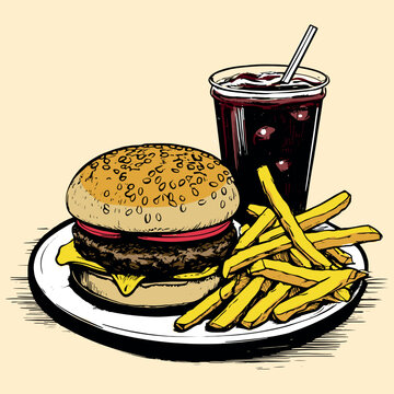 burger frech fries and soda vector habd drawn illustration