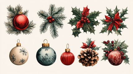 Merry Christmas watercolor set of traditional decor and elements. Elements of a Christmas mood on a white background.
