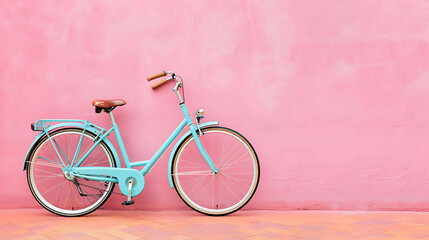 Fototapeta premium A beautiful blue bicycle is parked in front of a pink wall. The bicycle has a brown seat and handlebars, and white tires.