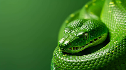 Fototapeta premium A green snake curled up on a green background. The snake is looking to the left of the frame. The image is well-lit and in focus.