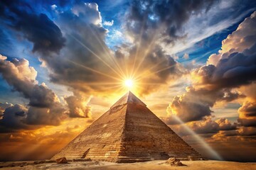 Medium shot of a pyramid under a dramatic sky with a bright sun shining