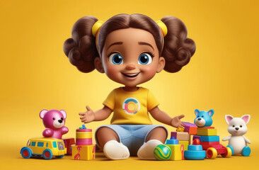 Obraz premium fun, exploration and playful moments of childhood: happy little girl playing with colorful toys on yellow background, cartoon illustration