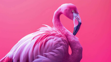 Fototapeta premium A beautiful, vibrant pink flamingo stands out against a solid pink background. The flamingo is in focus, and its feathers are perfectly detailed.