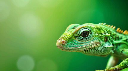 Naklejka premium A green lizard is sitting on a branch. The lizard is looking at the camera. The background is blurred.