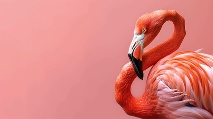 A beautiful flamingo with vibrant pink feathers stands out against a soft pink background.