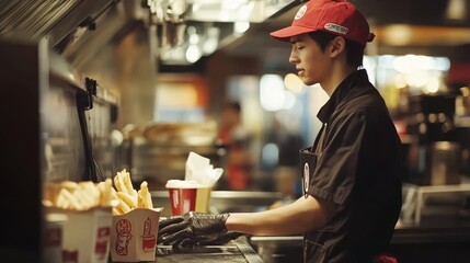 Fast Food Worker Preparing Orders in a Busy Kitchen