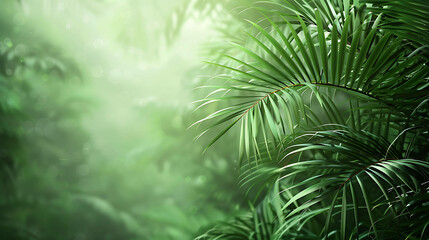 Lush green palm leaves against a blurred background. The leaves are detailed and realistic, and the blur creates a sense of depth and mystery.