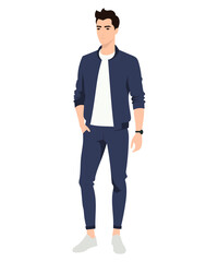 Vector illustration. A young man wearing a blue jacket and pants that matches a white T-shirt. A simple yet stylish look for everyday wear.
