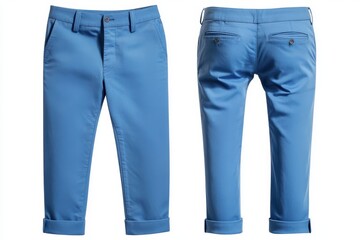 Blue chinos front and back view on white background