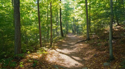 Fototapeta premium A serene hiking trail through a dense forest, with sunlight filtering through the trees and vibrant foliage.