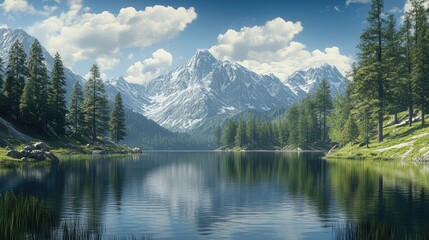A serene mountain lake with reflections of towering peaks and lush forests, inviting peace and contemplation.