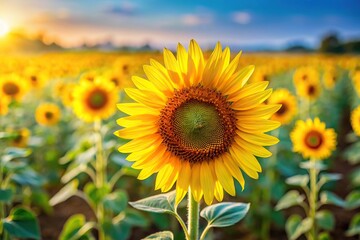 Fototapeta premium Medium shot of sunflower close-up with other sunflowers out of focus