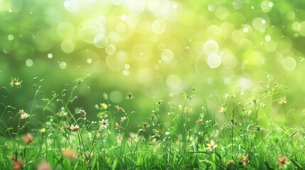 Obraz premium Green grass and yellow flowers in the morning sun with a blurred background.