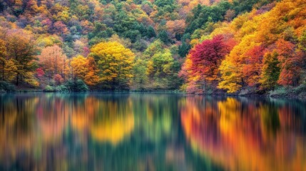 Fototapeta premium A stunning view of a serene lake surrounded by colorful autumn foliage, reflecting the vibrant colors of the season.