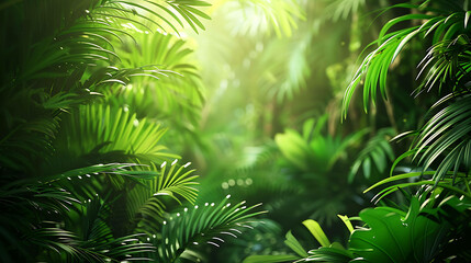 lush green foliage of a tropical jungle with bright sunlight shining through the leaves