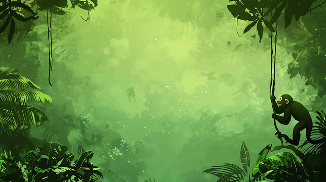 lush green foliage of a dense jungle with a monkey swinging from a vine in the foreground