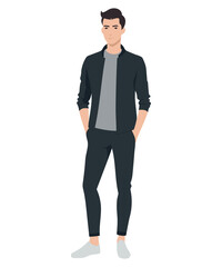 Vector illustration. The man is wearing black pants and a jacket. The style looks minimalist and casual.