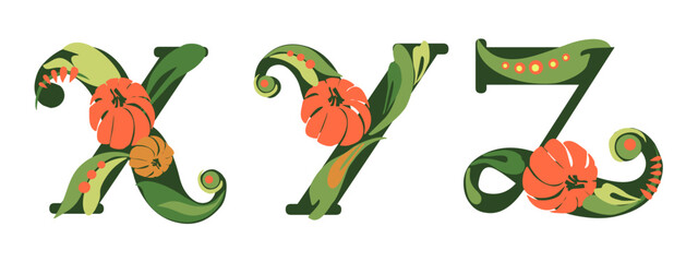 Decorative pumpkin font. Initial letter. Floral ornament. Typographic composition. Happy Halloween!
