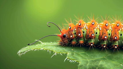 Obraz premium A beautiful close-up of a colorful caterpillar on a green leaf. The caterpillar is orange, black, and white, and has a long, segmented body.
