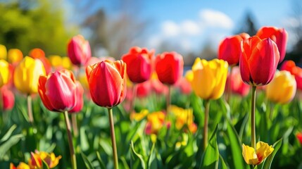 Obraz premium A vibrant tulip field in spring, filled with colorful blooms stretching as far as the eye can see.