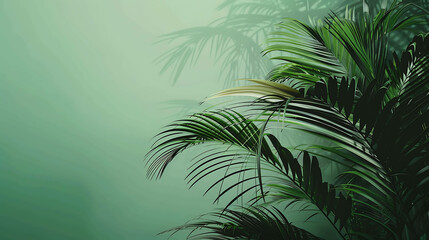The image is a green leaf of a palm tree. It is set against a solid green background. The leaf is backlit, so that the veins are visible.