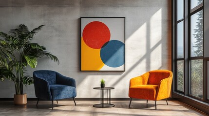 Modern Interior Design with Blue and Orange Armchairs, Abstract Art, and Indoor Plants in Sunlit Room
