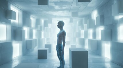 Futuristic Digital Human in a Virtual Reality Environment Surrounded by Floating Cubes and Glowing Light