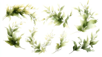 Obraz premium Watercolor Illustration Set of Green and Gold Leaf Branches for Wedding Stationery, Greeting Cards, Wallpapers, and Fashion Designs